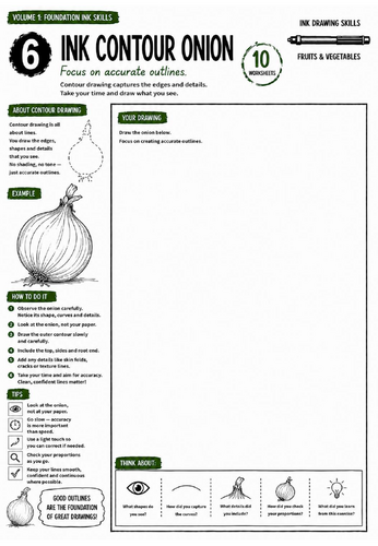 Ink Contour Onion Worksheet | Ink Drawing Skills | Contour Drawing & Observation | KS3 Art Cover Les