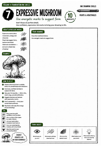 Expressive Mushroom Worksheet | Ink Drawing Skills | Expressive Mark Making & Creative Drawing | KS3