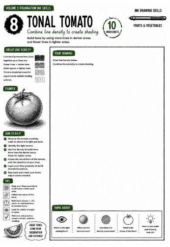 Tonal Tomato Worksheet | Ink Drawing Skills | Tonal Shading & Line Density | KS3 Art Cover Lesson