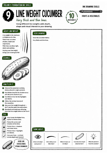 Line Weight Cucumber Worksheet | Ink Drawing Skills | Line Quality, Depth & Form | KS3 Art Cover Les
