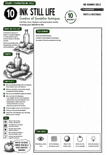 Ink Still Life Worksheet | Ink Drawing Skills | Final Project & Observational Drawing | KS3 Art Cove