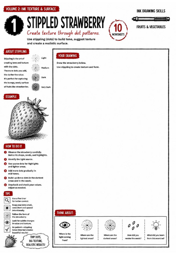 Stippled Strawberry Worksheet | Ink Drawing Skills | Stippling, Texture & Tonal Shading | KS3 Art Co
