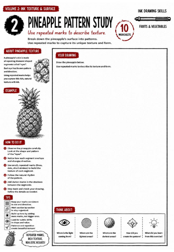 Pineapple Pattern Study Worksheet | Ink Drawing Skills | Pattern, Texture & Observational Drawing |