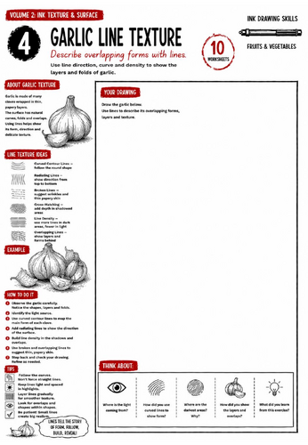 Garlic Line Texture Worksheet | Ink Drawing Skills | Line Texture, Form & Observational Drawing | KS