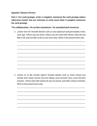 Spanish 3 Honors Pretest