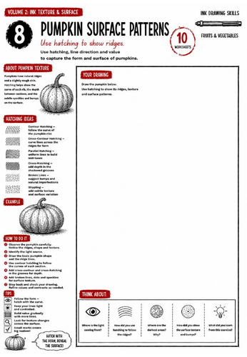 Pumpkin Surface Patterns Worksheet | Ink Drawing Skills | Hatching, Texture & Observational Drawing