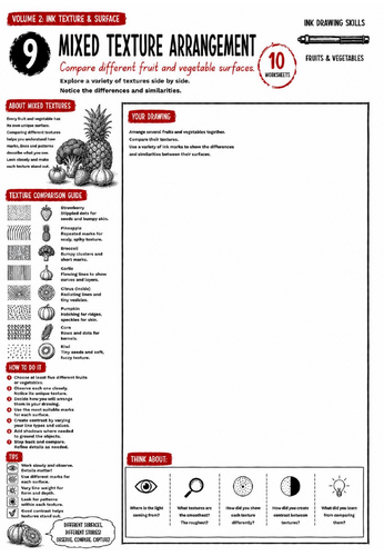 Mixed Texture Arrangement Worksheet | Ink Drawing Skills | Texture Comparison & Observational Drawin