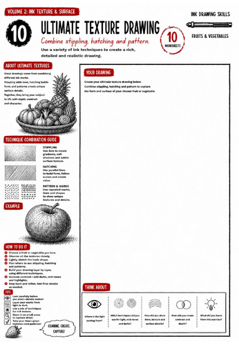 Ultimate Texture Drawing Worksheet | Ink Drawing Skills | Stippling, Hatching & Pattern Techniques |
