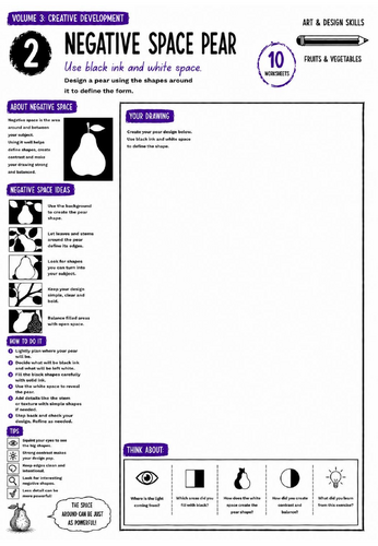 Negative Space Pear Worksheet | Ink Drawing Skills | Positive & Negative Space | KS3 Art Cover Lesso
