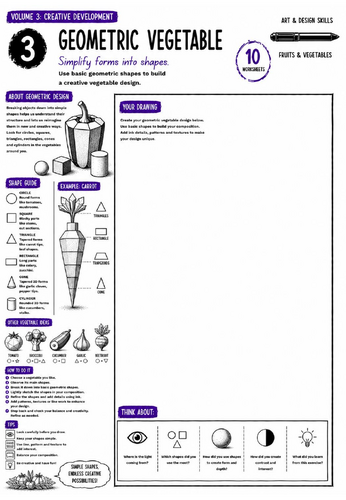 Geometric Vegetable Worksheet | Ink Drawing Skills | Shape Simplification & Creative Design | KS3 Ar