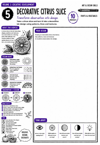 Decorative Citrus Slice Worksheet | Ink Drawing Skills | Pattern Design & Creative Development | KS3