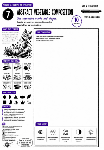 Abstract Vegetable Composition Worksheet | Ink Drawing Skills | Abstract Art & Expressive Mark Makin