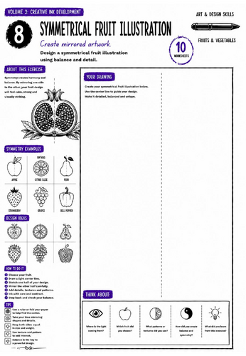 Symmetrical Fruit Illustration Worksheet | Ink Drawing Skills | Symmetry, Pattern & Creative Design