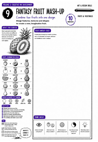 Fantasy Fruit Mash-Up Worksheet | Ink Drawing Skills | Creative Drawing & Character Design | KS3 Art