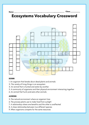 Ecosystems Vocabulary Crossword Science Worksheet