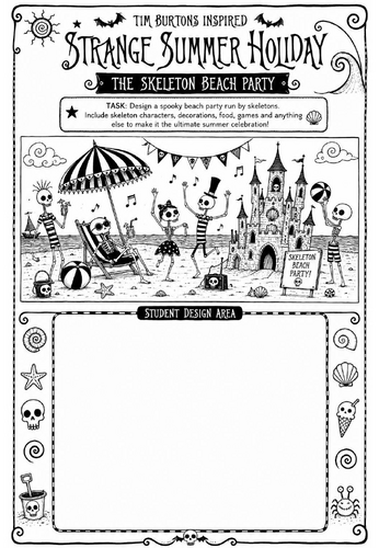 Tim Burton Inspired Strange Summer Holiday Art Worksheet – The Skeleton Beach Party | KS2 KS3 Cover