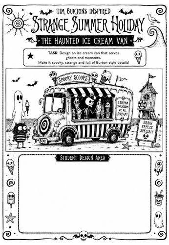 Tim Burton Inspired Strange Summer Holiday Art Worksheet – The Haunted Ice Cream Van | KS2 KS3 Cover