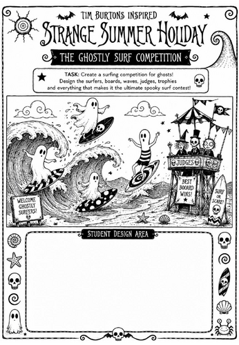 Tim Burton Inspired Strange Summer Holiday Art Worksheet – The Ghostly Surf Competition | KS2 KS3 Co