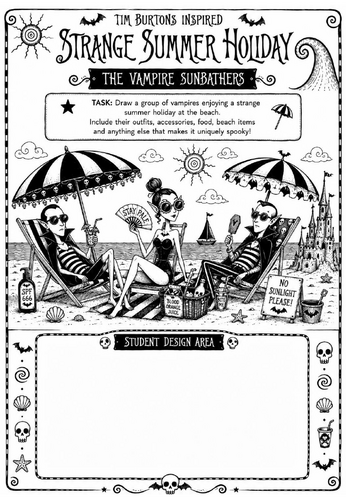Tim Burton Inspired Strange Summer Holiday Art Worksheet – The Vampire Sunbathers | KS2 KS3 Cover Le