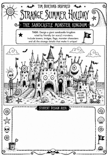 Tim Burton Inspired Strange Summer Holiday Art Worksheet – The Sandcastle Monster Kingdom | KS2 KS3