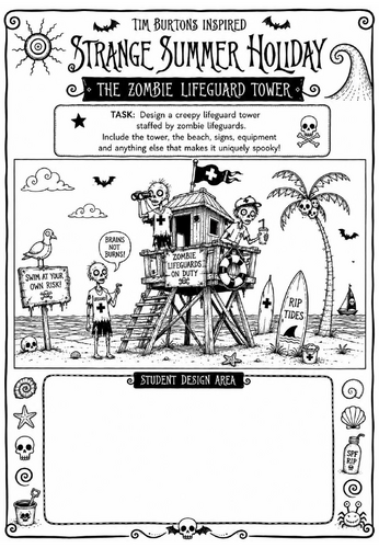 Tim Burton Inspired Strange Summer Holiday Art Worksheet – The Zombie Lifeguard Tower | KS2 KS3 Cove