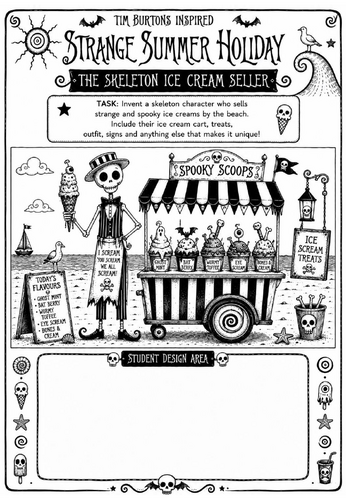 Tim Burton Inspired Strange Summer Holiday Art Worksheet – The Skeleton Ice Cream Seller | KS2 KS3 C