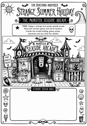 Tim Burton Inspired Strange Summer Holiday Art Worksheet – The Monster Seaside Arcade | KS2 KS3 Cove