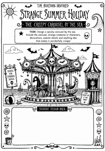 Tim Burton Inspired Strange Summer Holiday Art Worksheet – The Creepy Carousel by the Sea | KS2 KS3