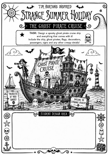 Tim Burton Inspired Strange Summer Holiday Art Worksheet – The Ghost Pirate Cruise | KS2 KS3 Cover L