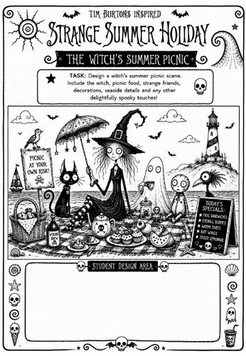 Tim Burton Inspired Strange Summer Holiday Art Worksheet – The Witch's Summer Picnic | KS2 KS3 Cover