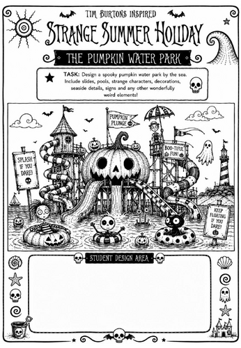 Tim Burton Inspired Strange Summer Holiday Art Worksheet – The Pumpkin Water Park | KS2 KS3 Cover Le