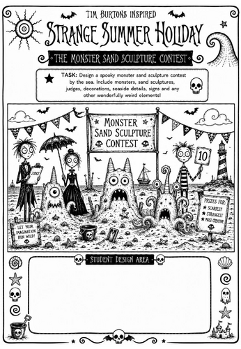 Tim Burton Inspired Strange Summer Holiday Art Worksheet – The Monster Sand Sculpture Contest | KS2