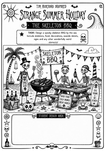 Tim Burton Inspired Strange Summer Holiday Art Worksheet – The Skeleton BBQ | KS2 KS3 Cover Lesson