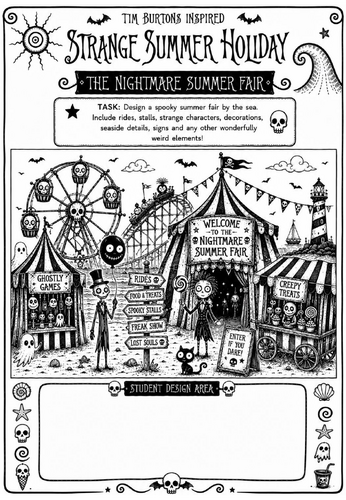 Tim Burton Inspired Strange Summer Holiday Art Worksheet – The Nightmare Summer Fair | KS2 KS3 Cover