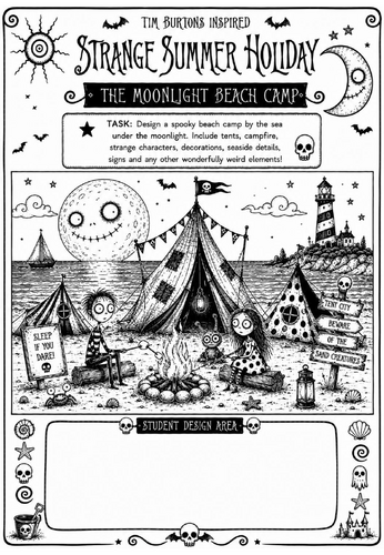 Tim Burton Inspired Strange Summer Holiday Art Worksheet – The Moonlight Beach Camp | KS2 KS3 Cover