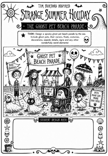 Tim Burton Inspired Strange Summer Holiday Art Worksheet – The Ghost Pet Beach Parade | KS2 KS3 Cove