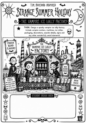 Tim Burton Inspired Strange Summer Holiday Art Worksheet – The Vampire Ice Lolly Factory | KS2 KS3 C