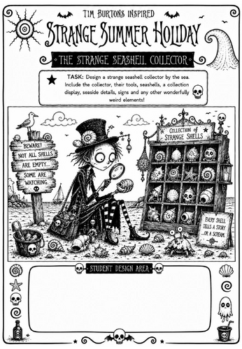 Tim Burton Inspired Strange Summer Holiday Art Worksheet – The Strange Seashell Collector | KS2 KS3