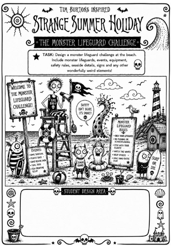 Tim Burton Inspired Strange Summer Holiday Art Worksheet – The Monster Lifeguard Challenge | KS2 KS3