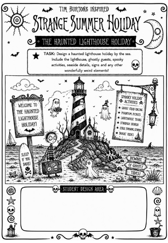Tim Burton Inspired Strange Summer Holiday Art Worksheet – The Haunted Lighthouse Holiday | KS2 KS3