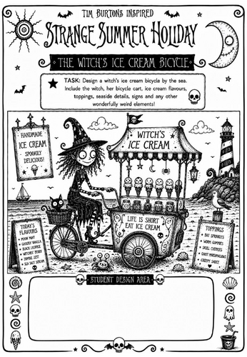 Tim Burton Inspired Strange Summer Holiday Art Worksheet – The Witch's Ice Cream Bicycle | KS2 KS3 C