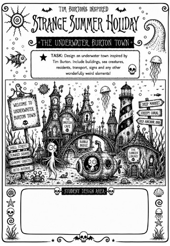 Tim Burton Inspired Strange Summer Holiday Art Worksheet – The Underwater Burton Town | KS2 KS3 Cove