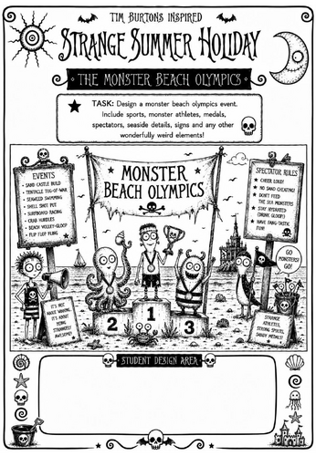 Tim Burton Inspired Strange Summer Holiday Art Worksheet – The Monster Beach Olympics | KS2 KS3 Cove