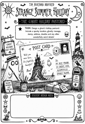 Tim Burton Inspired Strange Summer Holiday Art Worksheet – The Ghost Holiday Postcard | KS2 KS3 Cove