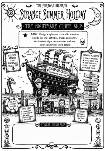 Tim Burton Inspired Strange Summer Holiday Art Worksheet – The Nightmare Cruise Ship | KS2 KS3 Cover