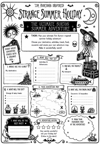 Tim Burton Inspired Strange Summer Holiday Art Worksheet – The Ultimate Burton Summer Adventure | KS