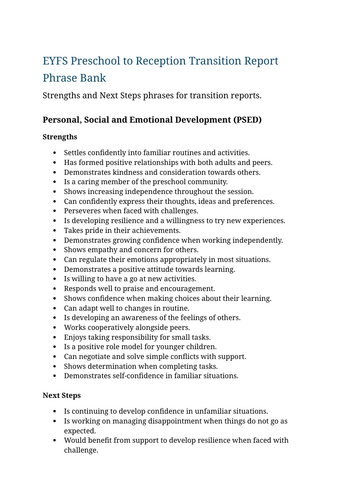 EYFS to Primary Transition Report Phrase Bank – Teacher Writing Support for End of Year Reports