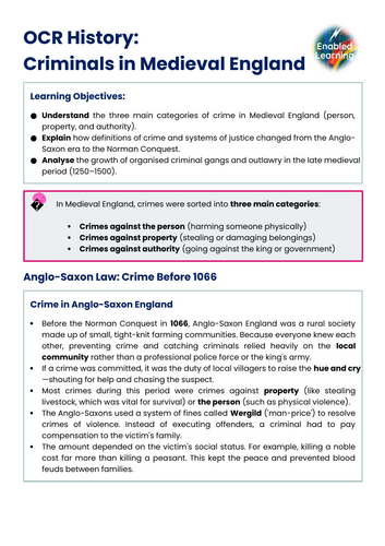 GCSE History - Types of Criminals in Medieval Times