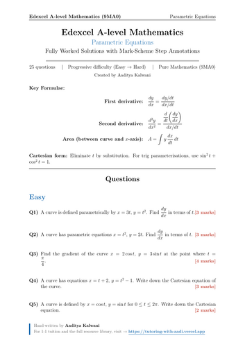Parametric Equations | 25 Worked Examples | Edexcel A-Level Maths