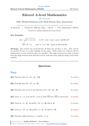 3D Vectors | 25 Worked Examples | Edexcel A-Level Maths | Teaching ...